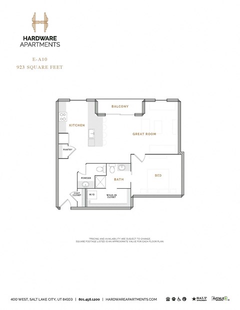 Floor plan for 1 bed, 1.5 baths, 969 sqft